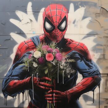 Digitale Kunst mit dem Titel "Romantic Spiderman" von Pixinxt, Original-Kunstwerk, KI-generiertes Bild