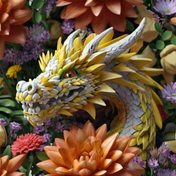 Digitale Kunst mit dem Titel "Dragon and flowers" von Pixqix, Original-Kunstwerk, KI-generiertes Bild