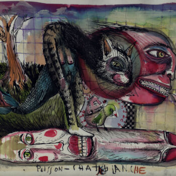 Dessin intitulée "Poisson-chatte blan…" par Patrick Jannin, Œuvre d'art originale, Encre