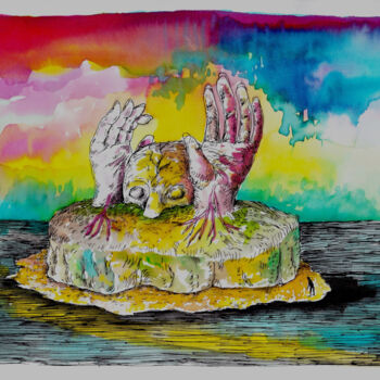 Dibujo titulada "(une île) - Refuge" por Patrick Jannin, Obra de arte original, Tinta