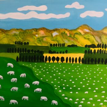 Schilderij getiteld "Happy Sheep, Centra…" door Peter Kruger, Origineel Kunstwerk, Acryl