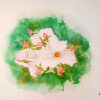 Painting titled "Le rosier Blanc" by Bernadette Grelier, Original Artwork, Watercolor
