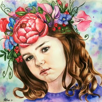 Painting titled "Flower fairy" by Polina Turgunova, Original Artwork, Watercolor