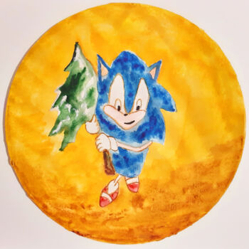 Painting titled "Christmas Sonic (wa…" by Poly, Original Artwork, Watercolor Mounted on Wood Panel