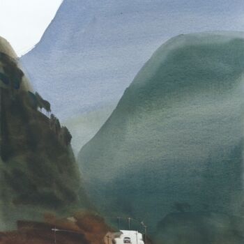Ζωγραφική με τίτλο "Road to the blue mo…" από Prashant Prabhu, Αυθεντικά έργα τέχνης, Ακουαρέλα