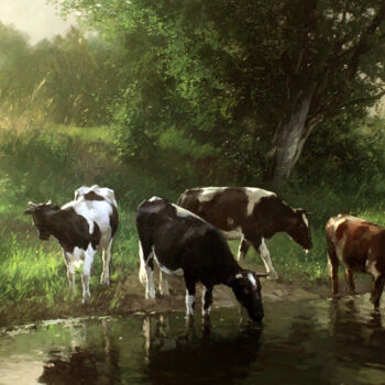 Peinture intitulée "Return of the Herd" par Yuri Pryadko, Œuvre d'art originale, Huile