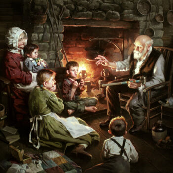 Картина под названием "By the Fireplace" - Yuri Pryadko, Подлинное произведение искусства, Масло