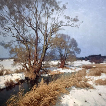 Painting titled "Thaw on Spring River" by Yuri Pryadko, Original Artwork, Oil