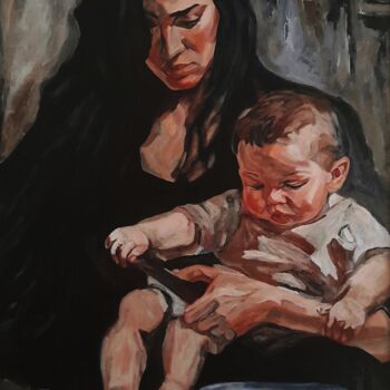 Pintura titulada "Mère Et Fils" por Queennoble Dr. Elle Ramirez, Obra de arte original, Acrílico Montado en Otro panel rígido