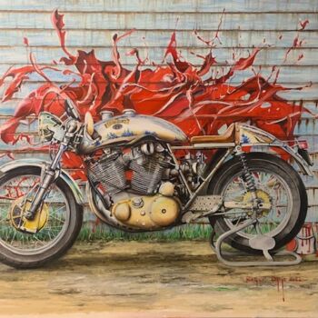 Painting titled "Moto VINCENT HRD" by Roger Dame, Original Artwork, Oil