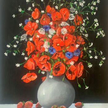 Painting titled "Coquelicots sur lit…" by Roger Dame, Original Artwork, Oil Mounted on artwork_cat.