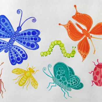 Pintura intitulada "Insects in childs w…" por Art$Art, Obras de arte originais, Aquarela