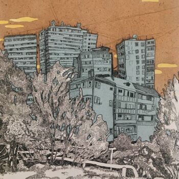 Painting titled "''Cityscape''" by Raffi Ghazaryan, Original Artwork, Gel pen