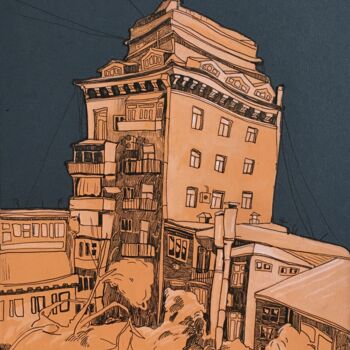 Drawing titled "''Citiscape''" by Raffi Ghazaryan, Original Artwork, Gel pen Mounted on Cardboard