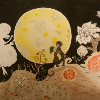 Painting titled "Love on Halloween,…" by Agnia Werbitzky, Original Artwork, Watercolor