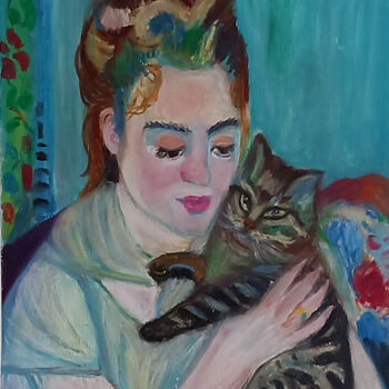 Rysunek zatytułowany „Femme au chat après…” autorstwa Marit Refsnes, Oryginalna praca, Pastel Zamontowany na Drewniana rama…