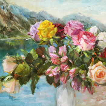 Malarstwo zatytułowany „A bouquet of roses.…” autorstwa Regina Butkuviene, Oryginalna praca, Olej Zamontowany na Karton