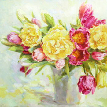 Painting titled "Roses. Still-life a…" by Regina Butkuviene, Original Artwork, Oil Mounted on Cardboard