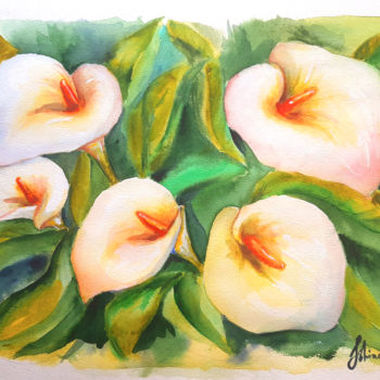 Pintura intitulada "White calla lilies" por Regina Ishina, Obras de arte originais, Aquarela