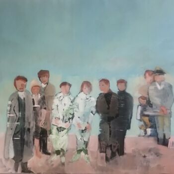 Painting titled "Gruppe am Strand" by Regina Schween, Original Artwork, Oil Mounted on Wood Stretcher frame