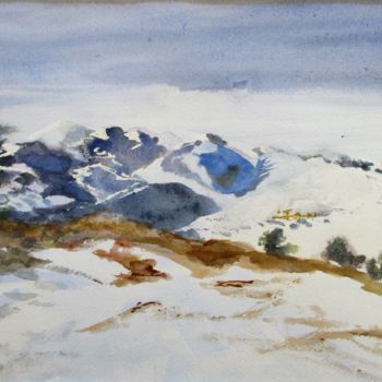 Painting titled "Vue sur les Pyrénées" by Navema, Original Artwork, Watercolor