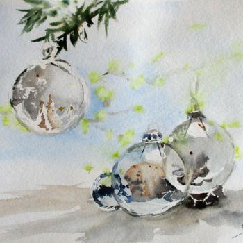 Malerei mit dem Titel "Boules de Noël tran…" von Navema, Original-Kunstwerk, Aquarell