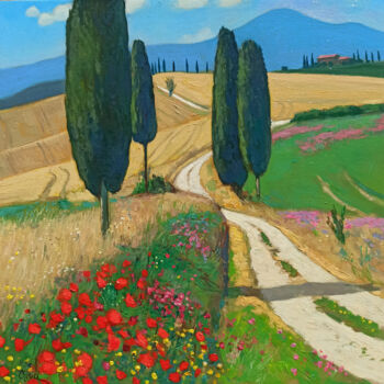 "Tuscany landscape" başlıklı Tablo Riccardo Chirici tarafından, Orijinal sanat, Petrol Ahşap Sedye çerçevesi üzerine monte e…