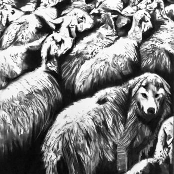 Tekening getiteld "Loup entres moutons" door Richard Hanssens, Origineel Kunstwerk, Houtskool