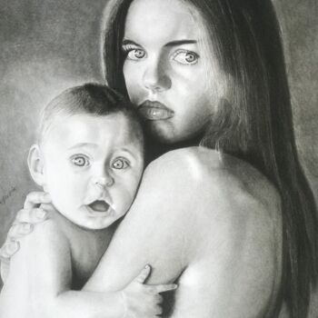 Dibujo titulada "A mother’s love" por Richard Owusu Amankwah, Obra de arte original, Carbón