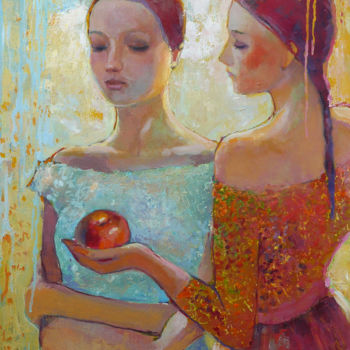 Painting titled "Girls with an apple" by Olga Rikun, Original Artwork, Oil