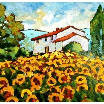 Pittura intitolato "Tuscany sunflowers" da Rita Monaco, Opera d'arte originale, Olio
