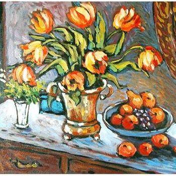 Painting titled "Interior with Tulips" by Rita Monaco, Original Artwork, Oil
