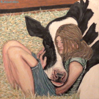 Peinture intitulée "Cow and Her Girl" par Robbie Nuwanda, Œuvre d'art originale, Acrylique