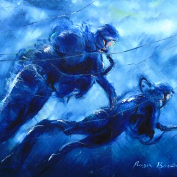 Painting titled "Nageur de combat" by Roger Boubenec, Original Artwork, Oil Mounted on Wood Stretcher frame