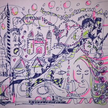 Disegno intitolato "Strange City" da Romain Mary, Opera d'arte originale, Pennarello