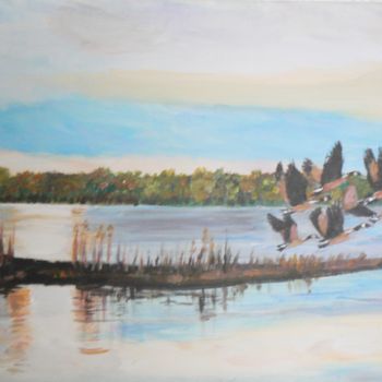 Painting titled "vol de canards" by Dominique Rondeau, Original Artwork, Acrylic