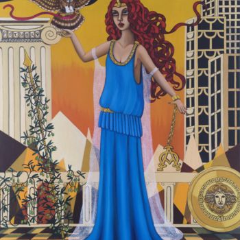 Schilderij getiteld "Athena" door Rosie Harper, Origineel Kunstwerk, Olie Gemonteerd op Frame voor houten brancard