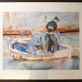 Painting titled "The fisherman" by Rosita Allinckx, Original Artwork, Watercolor Mounted on Other rigid panel