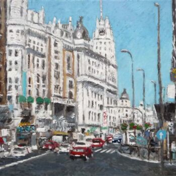 「Gran Vía, Madrid |…」というタイトルの絵画 Rubén De Luisによって, オリジナルのアートワーク, オイル ウッドストレッチャーフレームにマウント