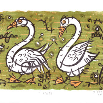 Impressões e gravuras intitulada "Geese" por Rudolf Suran, Obras de arte originais, Xilogravura