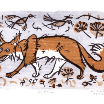 Estampas & grabados titulada "Fox" por Rudolf Suran, Obra de arte original, Xilografía