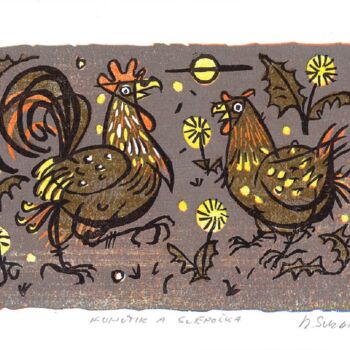 Impressões e gravuras intitulada "Rooster" por Rudolf Suran, Obras de arte originais, Xilogravura