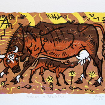 Printmaking titled "Cow and calf." by Rudolf Suran, Original Artwork, Xylography