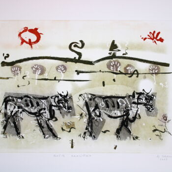 Printmaking titled "God's cows(cycle of…" by Rudolf Suran, Original Artwork, Etching