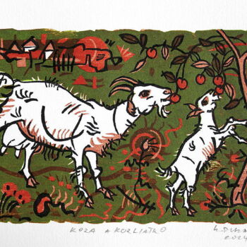 Printmaking titled "Goat and baby goat" by Rudolf Suran, Original Artwork, Xylography