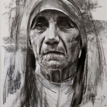 Zeichnungen mit dem Titel "Mother Teresa" von Muh Ilyas Ruhiyat Artist, Original-Kunstwerk, Kohle