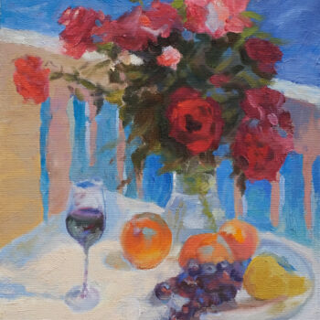 Painting titled ""Roses in a vase"" by Ruslan Gubaydullin, Original Artwork, Oil Mounted on Wood Stretcher frame