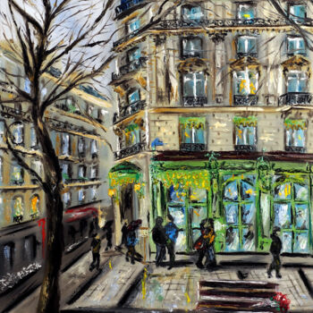 Painting titled "Laduree at Champs E…" by Ruslana Levandovska, Original Artwork, Oil Mounted on Wood Stretcher frame