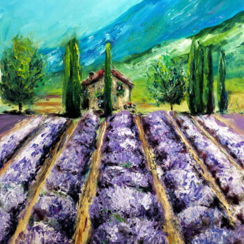Painting titled "Lavender Fields, Fr…" by Ruslana Levandovska, Original Artwork, Oil Mounted on Wood Stretcher frame