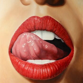 Ζωγραφική με τίτλο "Lips II" από Ryan Rice, Αυθεντικά έργα τέχνης, Λάδι Τοποθετήθηκε στο Ξύλινο φορείο σκελετό